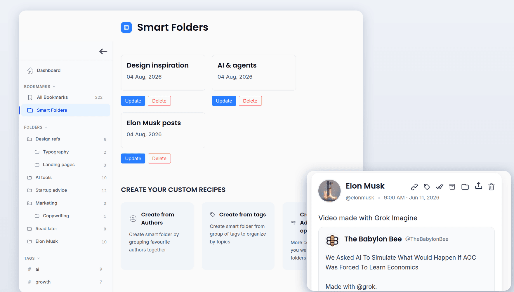 Bookmarks organized into folders and tags in TweetStorm