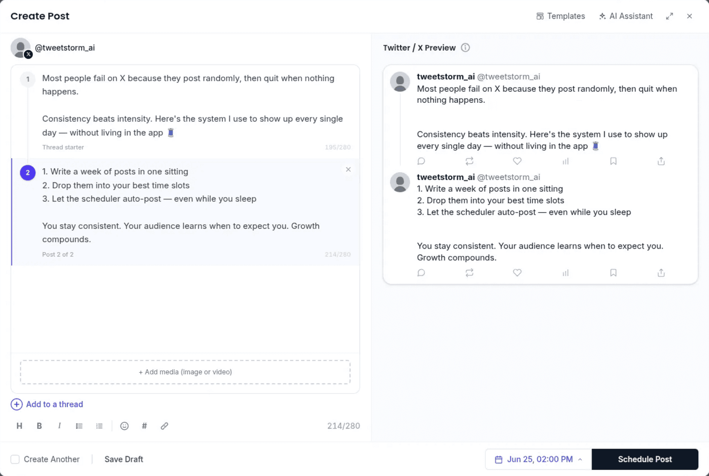 The scheduler composer with a two-post thread, its X preview, and a Schedule Post button
